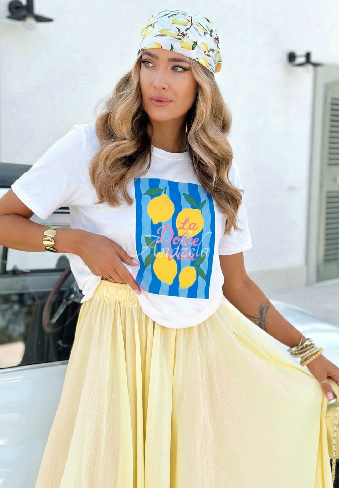 La Lemone White and Blue Printed Cotton T-Shirt