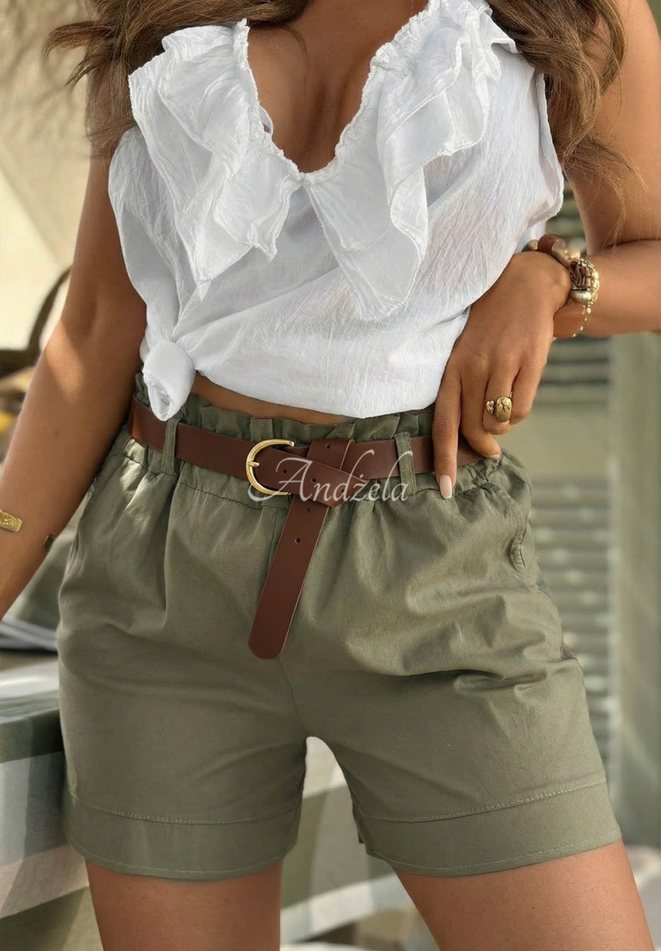 Any Place khaki cotton shorts with a belt