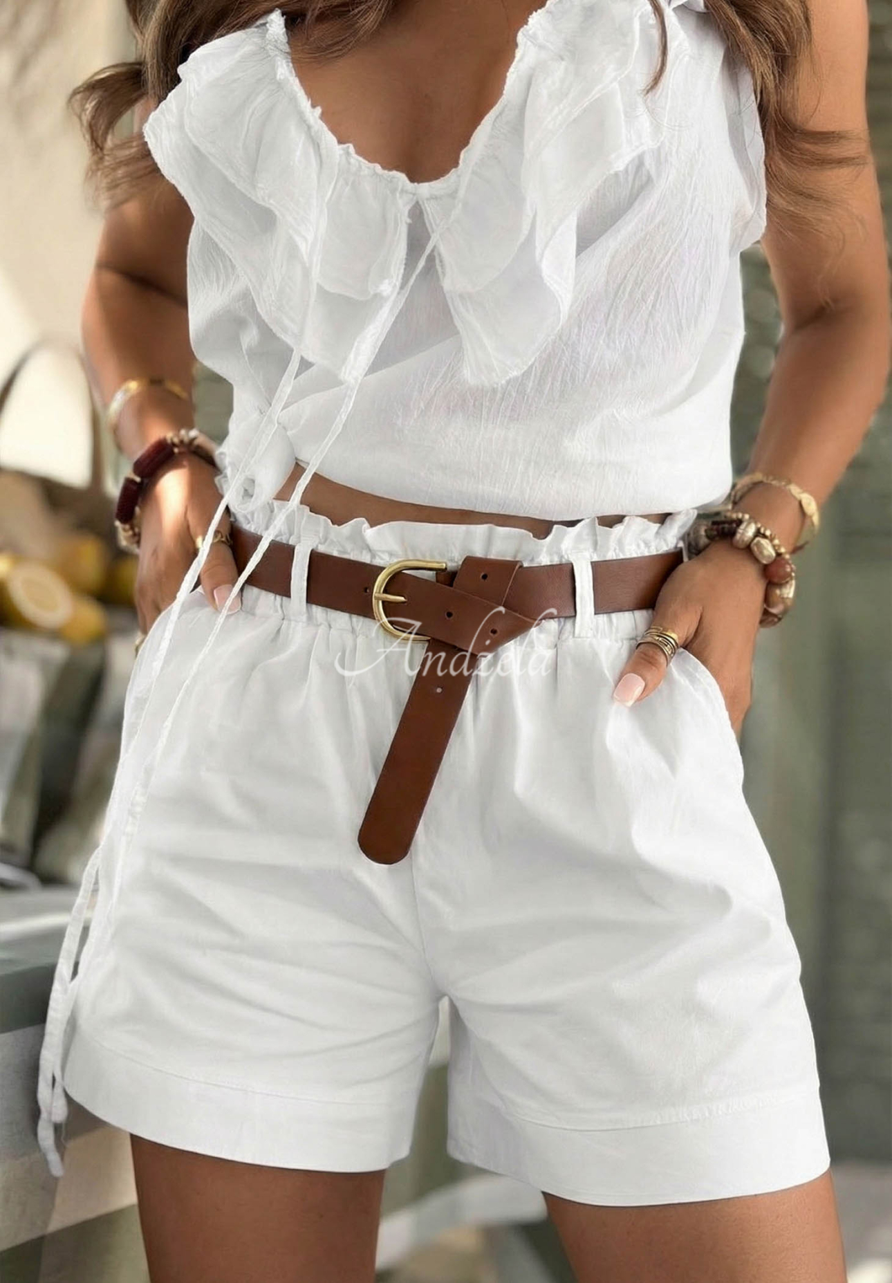 Any Place White Cotton Shorts with a Belt