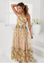 Tiulowa sukienka maxi na jedno ramię z haftowanymi kwiatami Miss Fiori beżowa