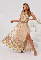 Tiulowa sukienka maxi na jedno ramię z haftowanymi kwiatami Miss Fiori beżowa