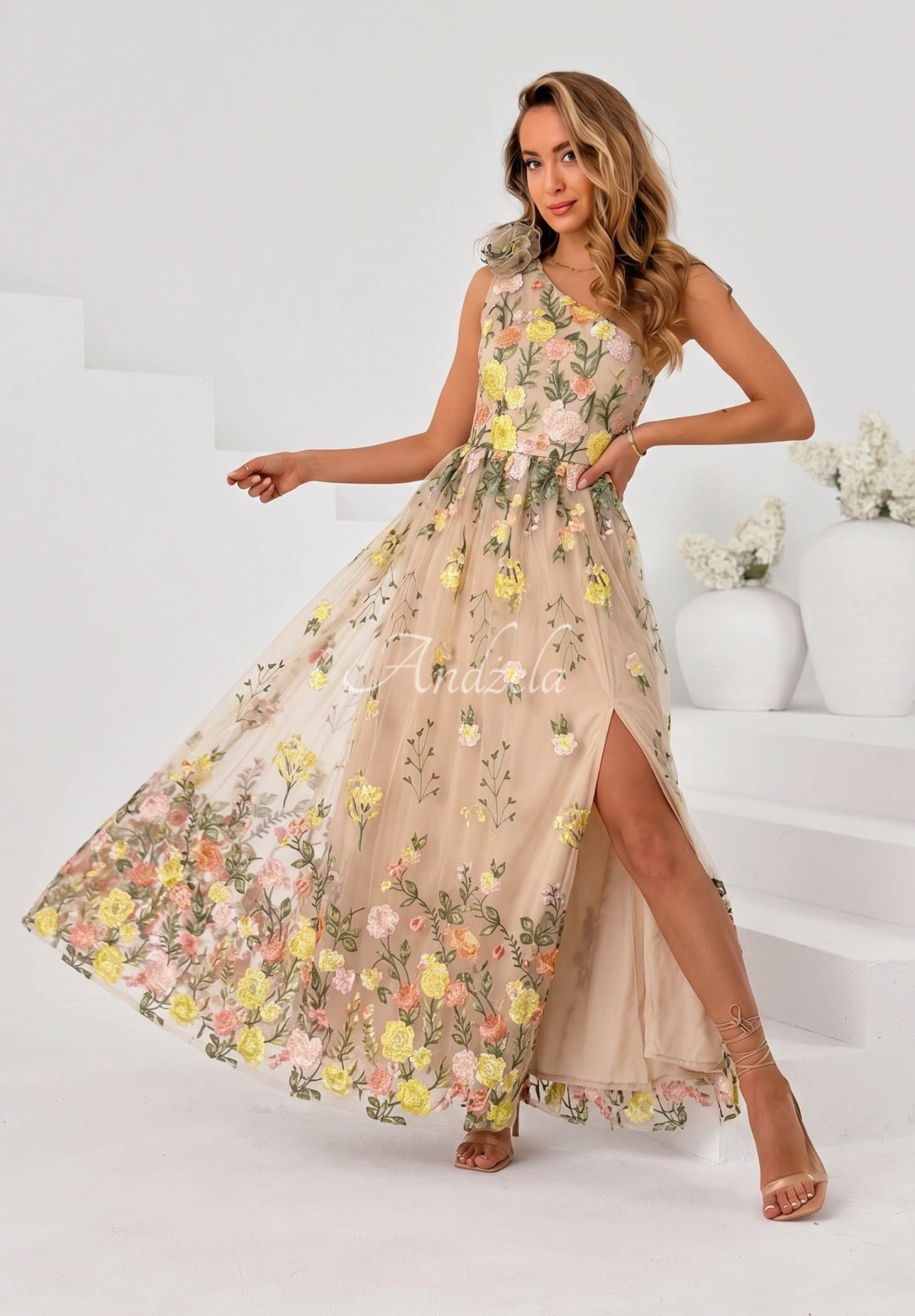 Fairy Bloom Beige and Yellow Tulle Maxi Dress with Embroidered Flowers