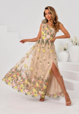 Tiulowa sukienka maxi w haftowane kwiaty Fairy Bloom beżowo-żółta