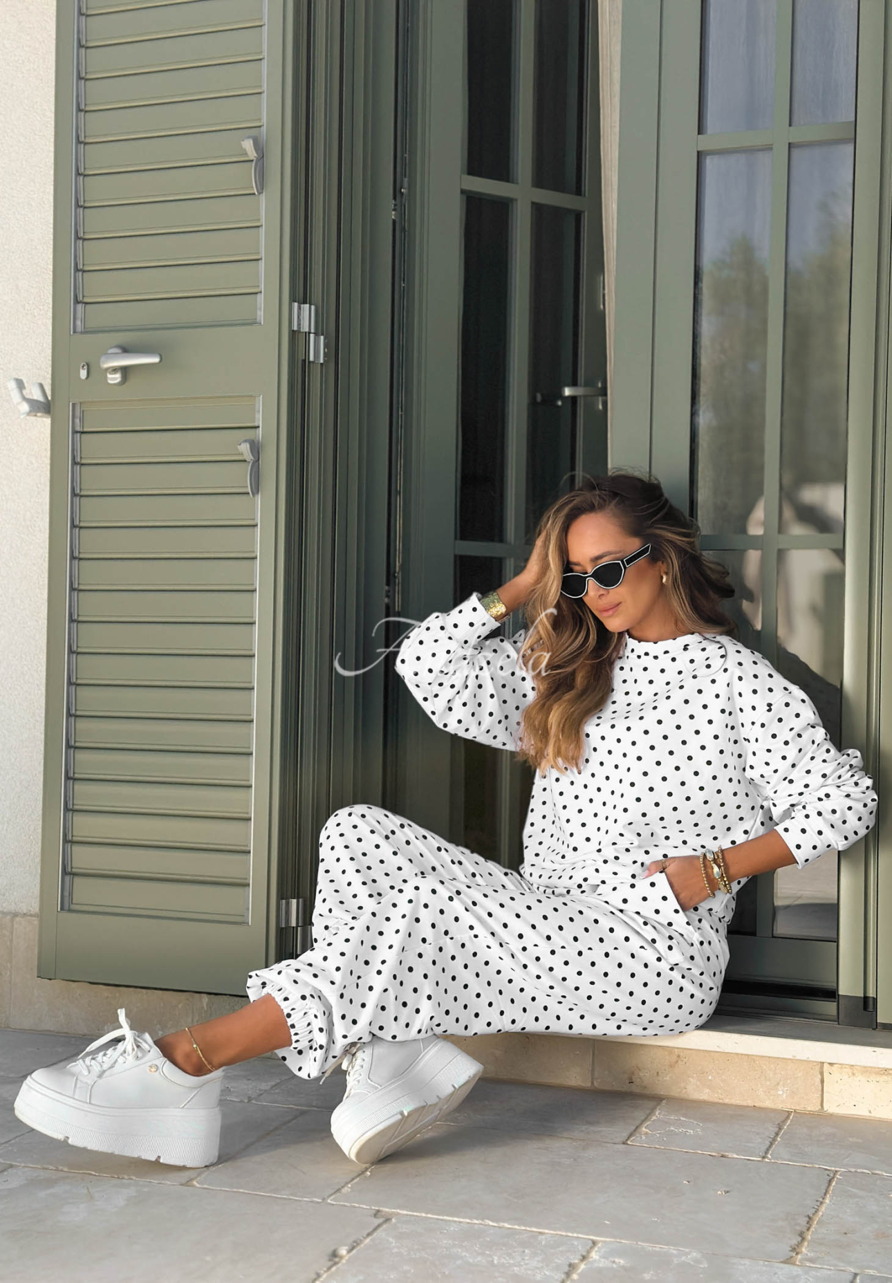 Dolce Dots white polka-dot cotton sweatshirt and pants set