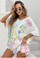 Wzorzysta bluzka oversize z dekoltem Dolce Capri ecru