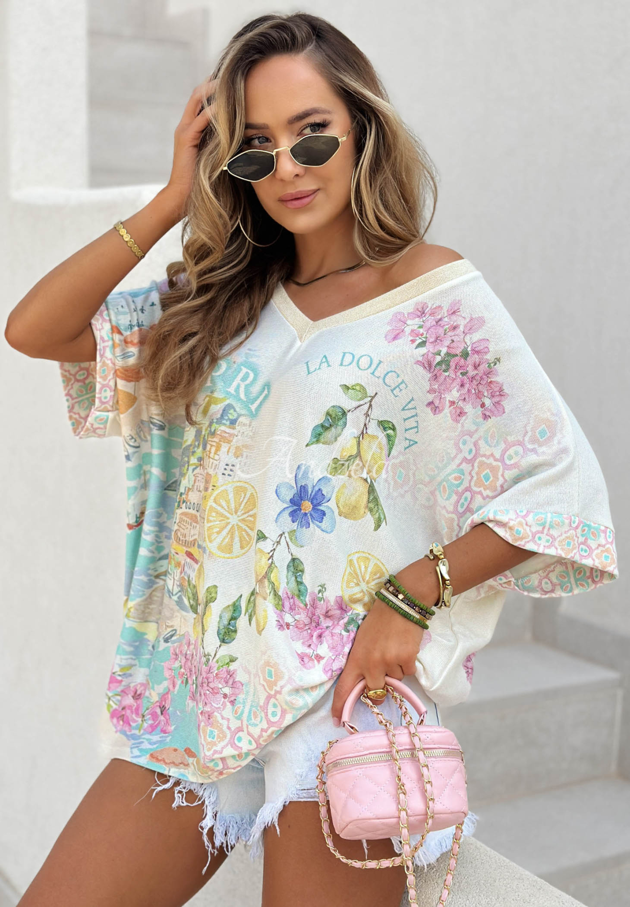 Oversized viscose blouse with Dolce Capri patterns in ecru