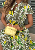 Wzorzysta sukienka midi z paskiem w cytrynki Fresh Lemonade biało-zielona