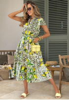 Wzorzysta sukienka midi z paskiem w cytrynki Fresh Lemonade biało-zielona