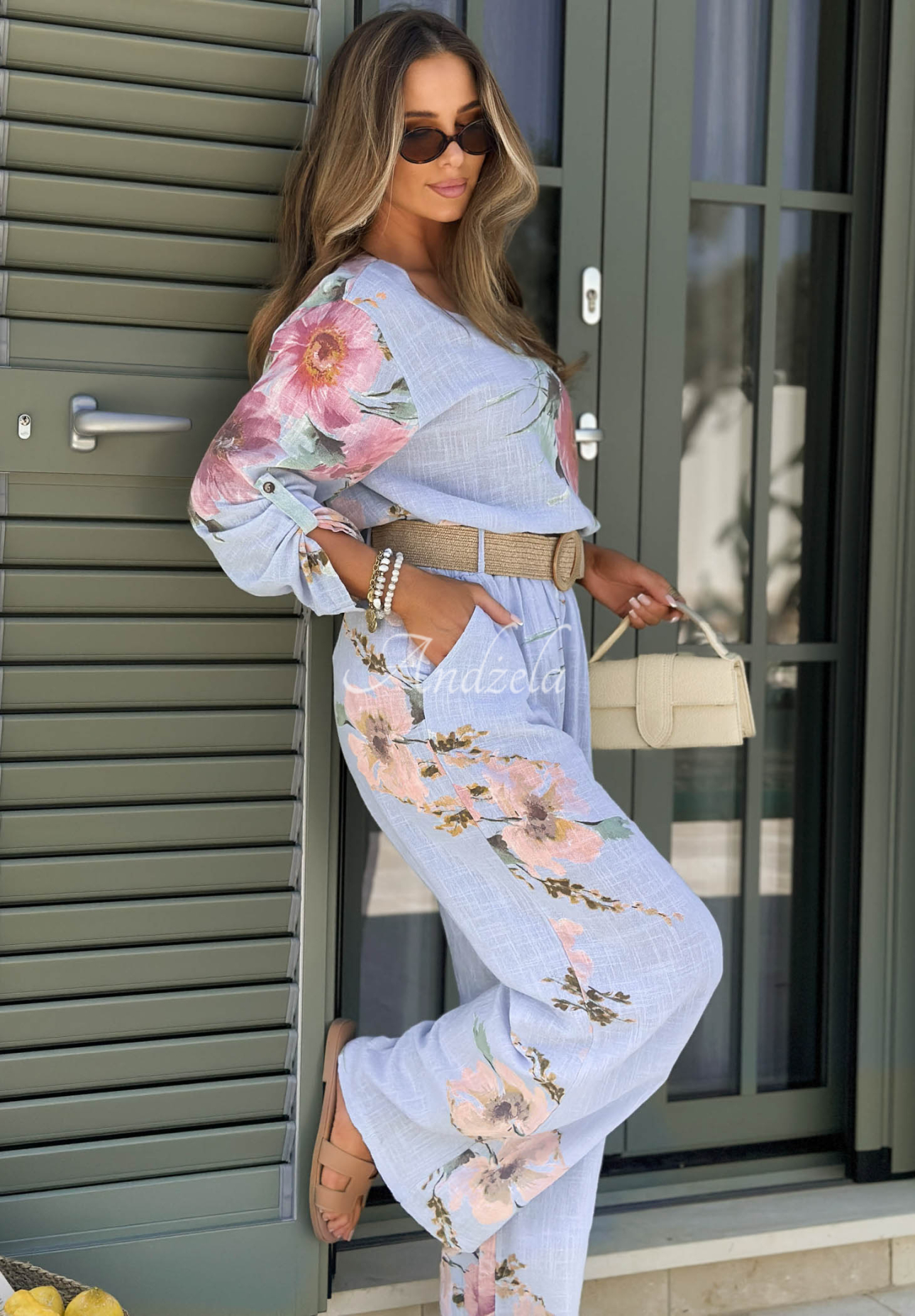 Sunny Harmony Blue Floral Cotton Blouse and Pants Set