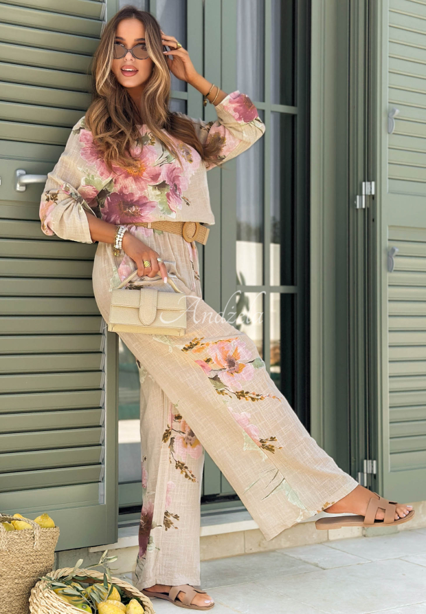 Sunny Harmony Beige Floral Cotton Set (Blouse and Pants)
