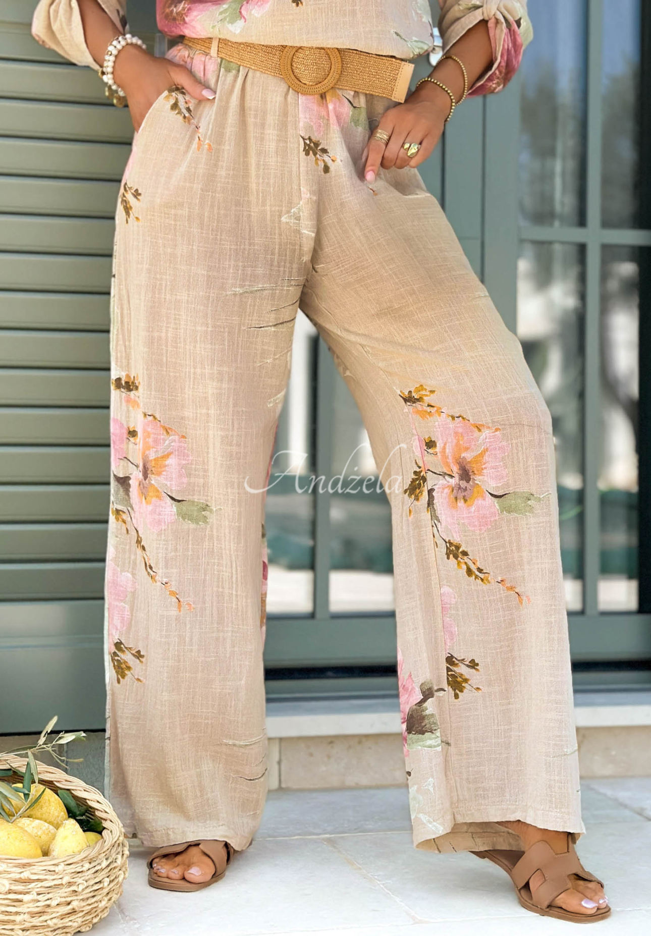 Sunny Harmony Beige Floral Cotton Set (Blouse and Pants)