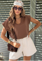 T-shirt V-neck czekoladowy