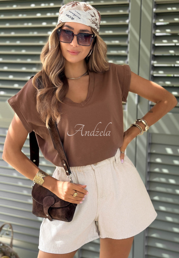 Bawełniany T-shirt V-neck czekoladowy