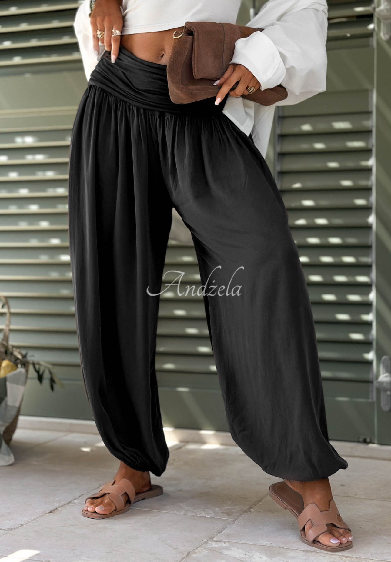 Black viscose harem pants with cuffs in Coastal Sand