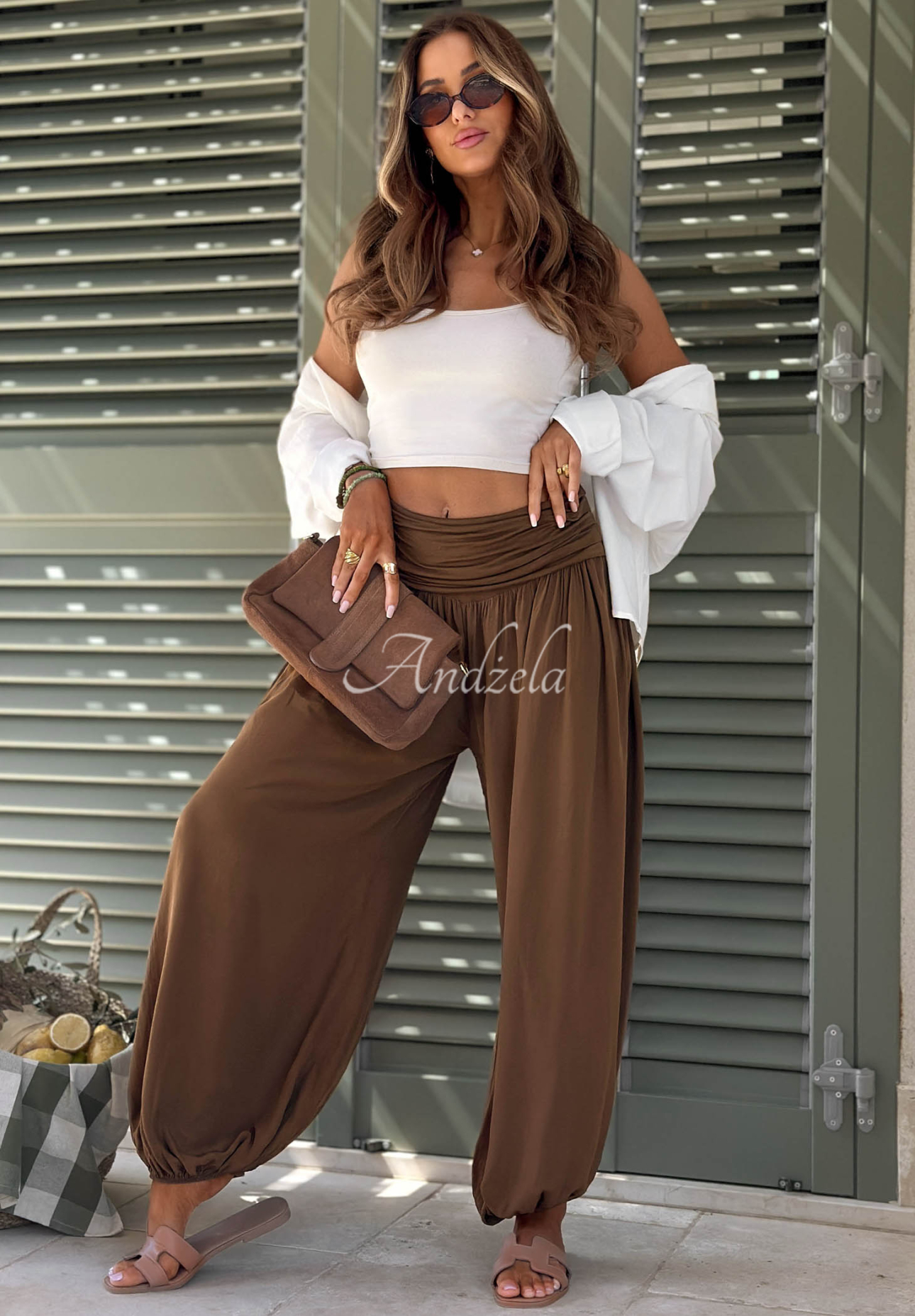 Viscose harem pants with elastic cuffs in Coastal Sand chocolate