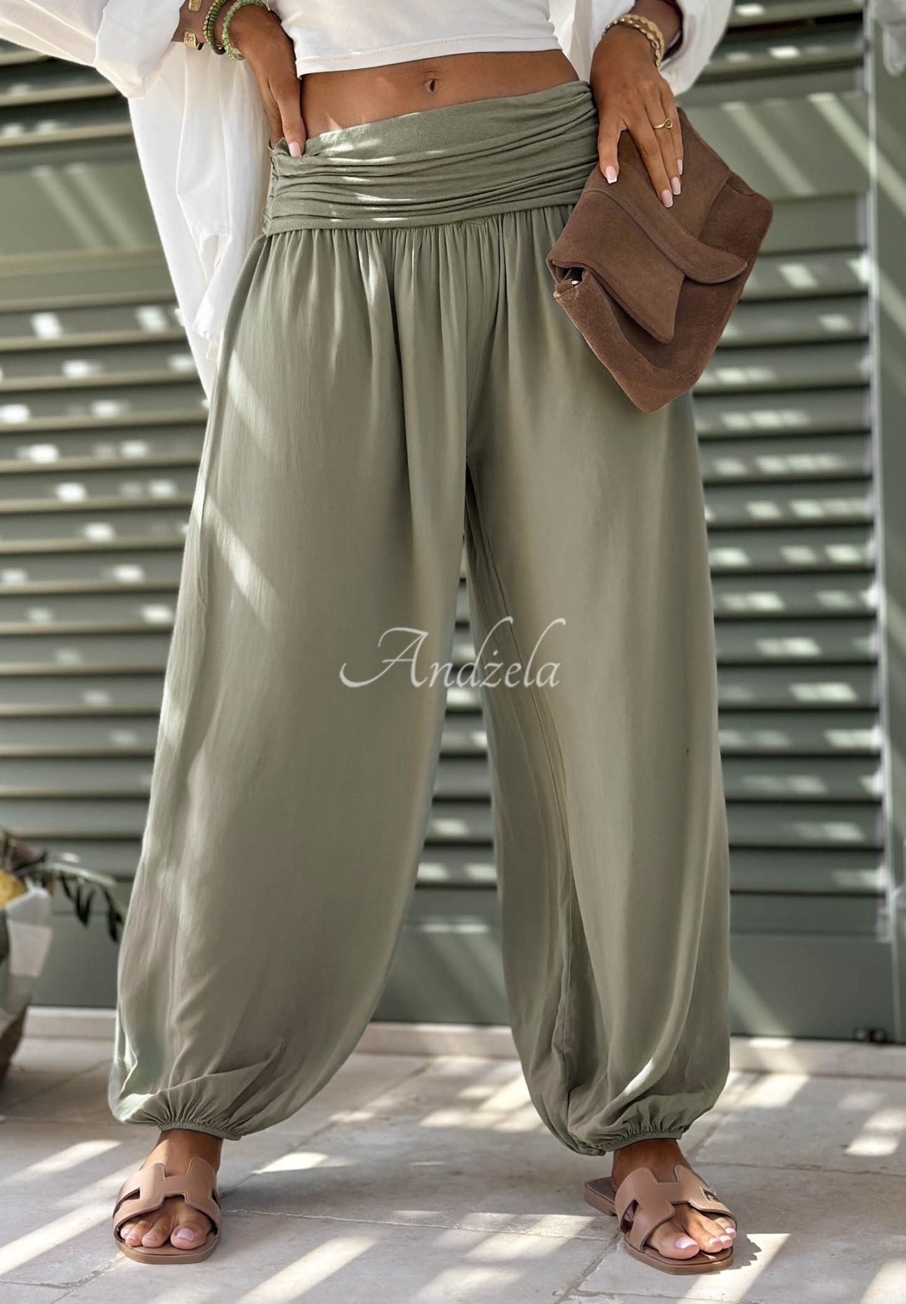 Viscose harem pants with cuffs in Coastal Sand khaki