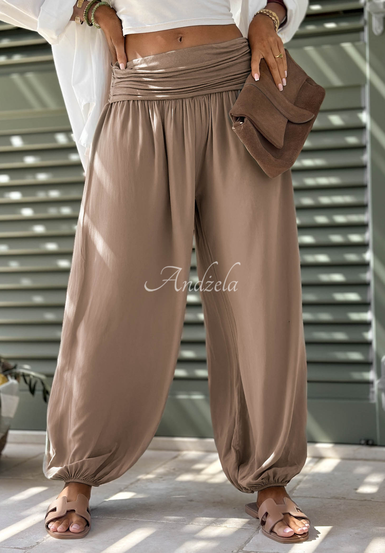 Viscose harem pants with cuffs in Coastal Sand mocha