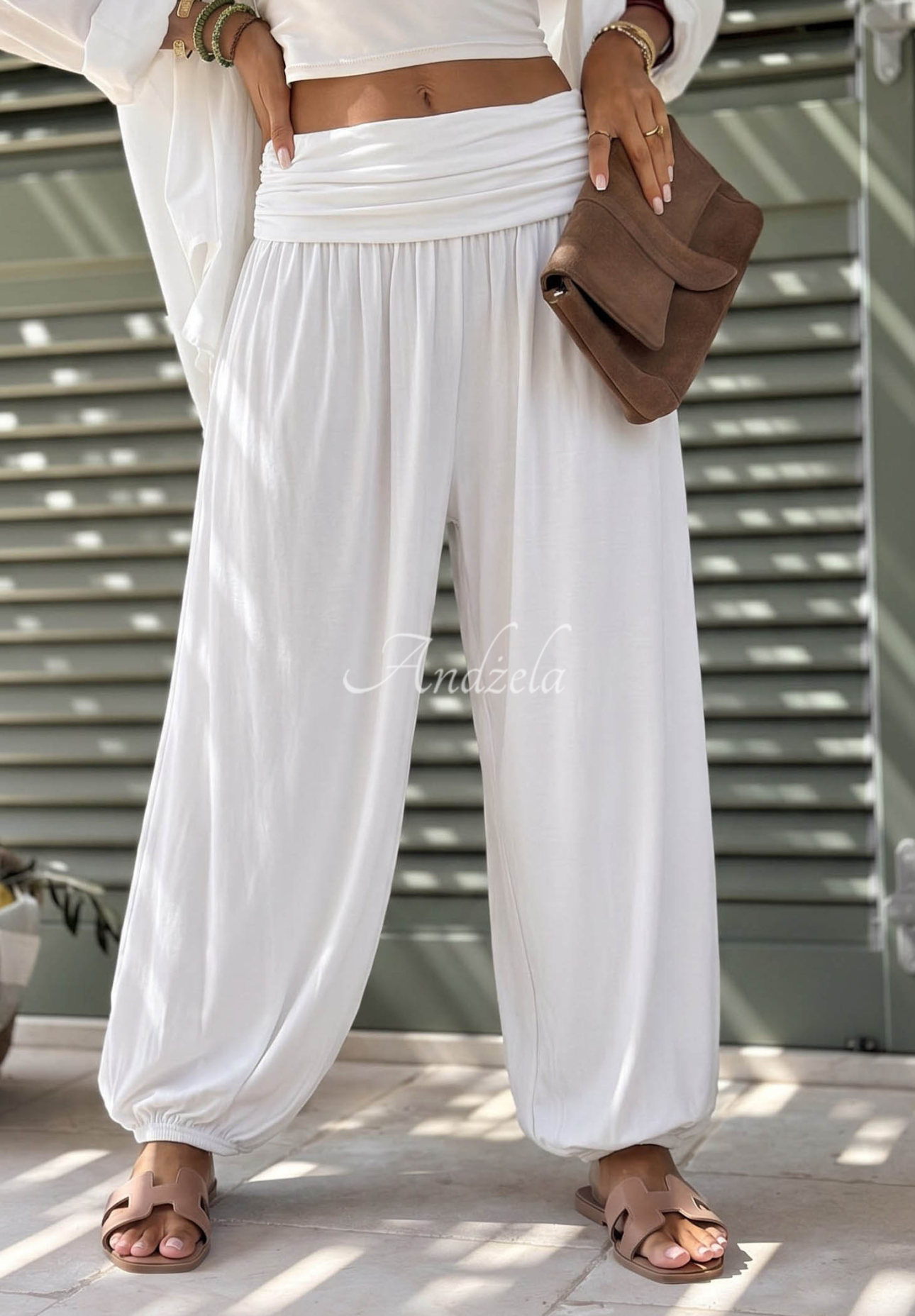 White viscose harem pants with cuffs in Coastal Sand