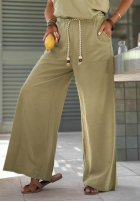 Materiałowe spodnie wide leg z ozdobnym wiązaniem Golden Sands beżowe