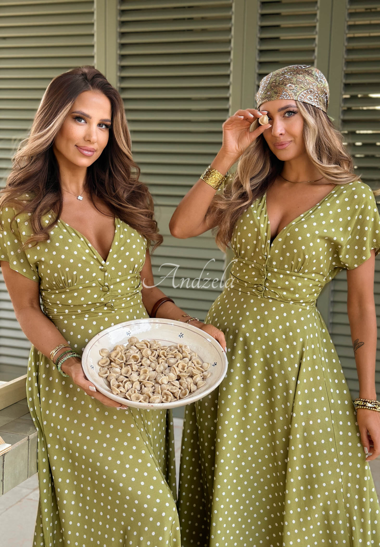 Puntini Bella olive-green viscose maxi dress with polka dots