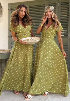Puntini Bella olive-green viscose maxi dress with polka dots
