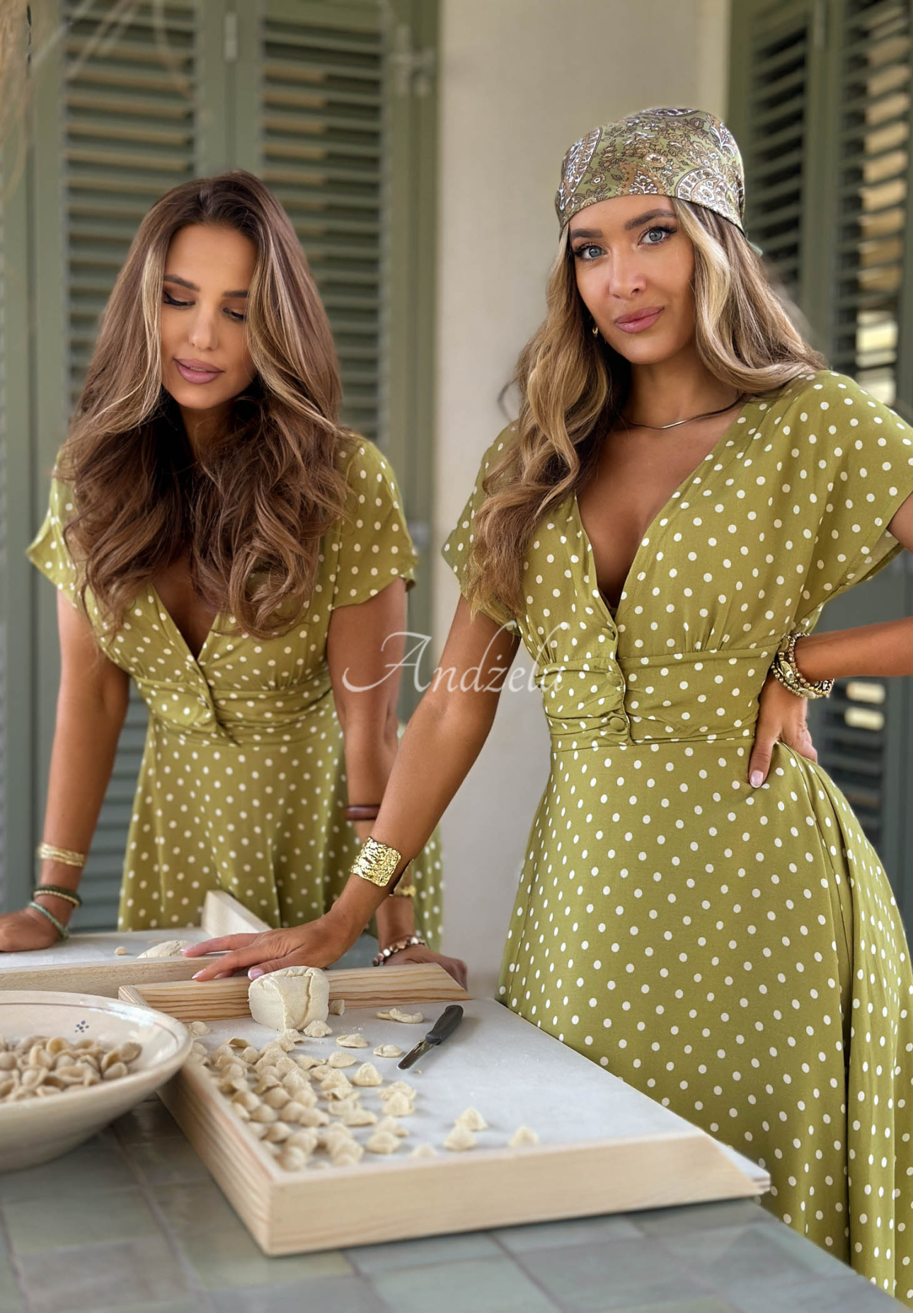 Puntini Bella olive-green viscose maxi dress with polka dots