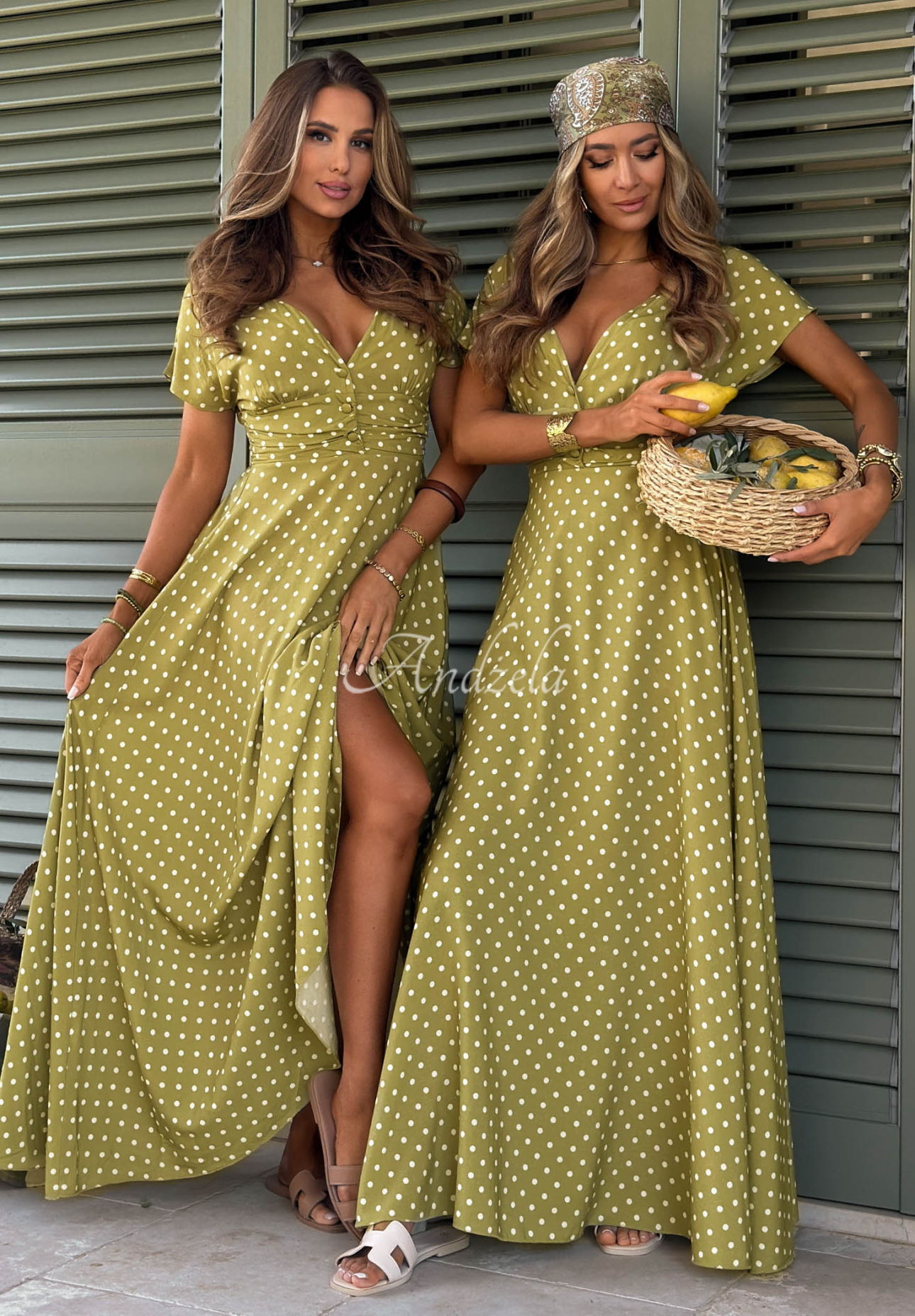 Puntini Bella olive-green viscose maxi dress with polka dots