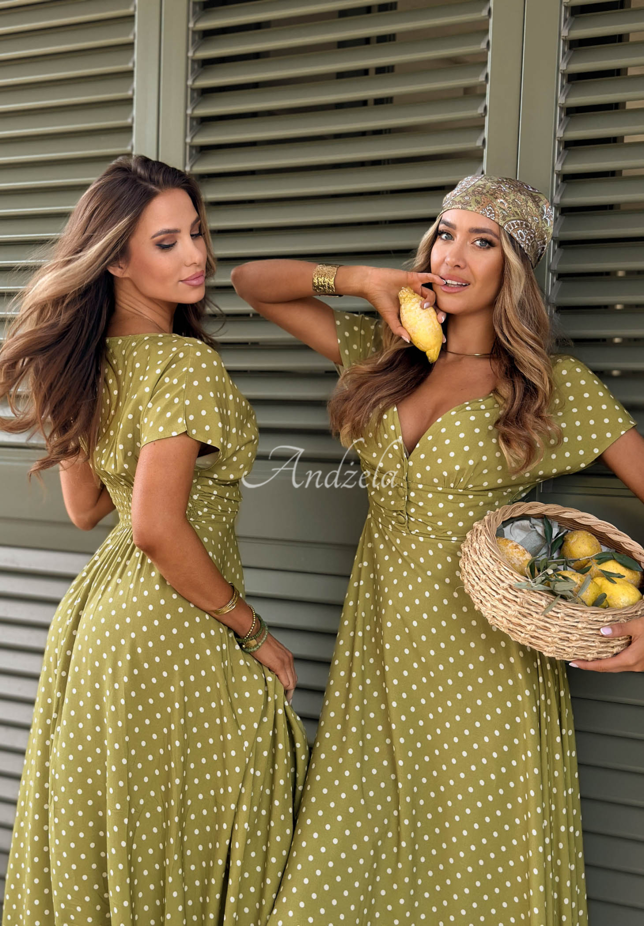 Puntini Bella olive-green viscose maxi dress with polka dots