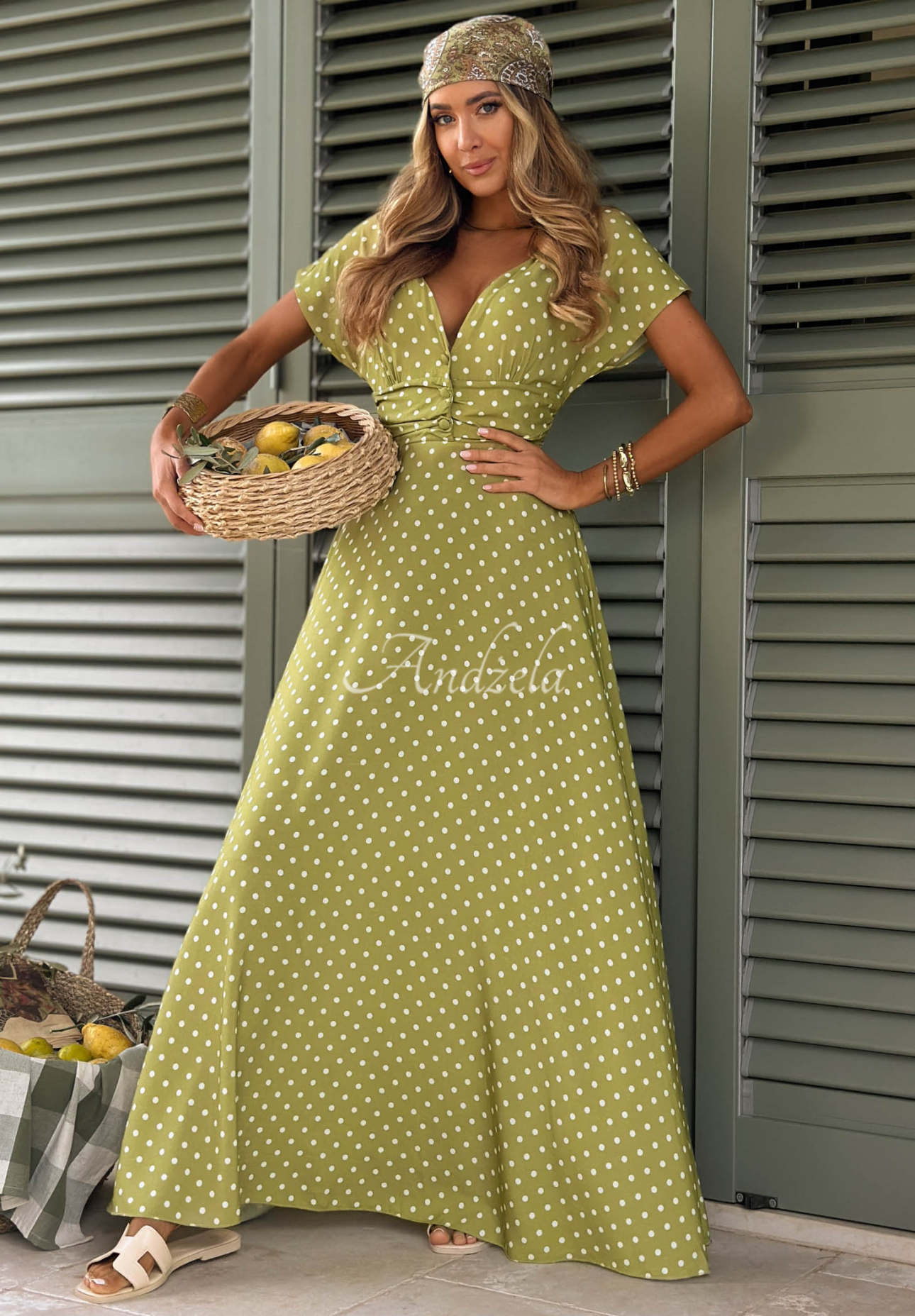 Puntini Bella olive-green viscose maxi dress with polka dots