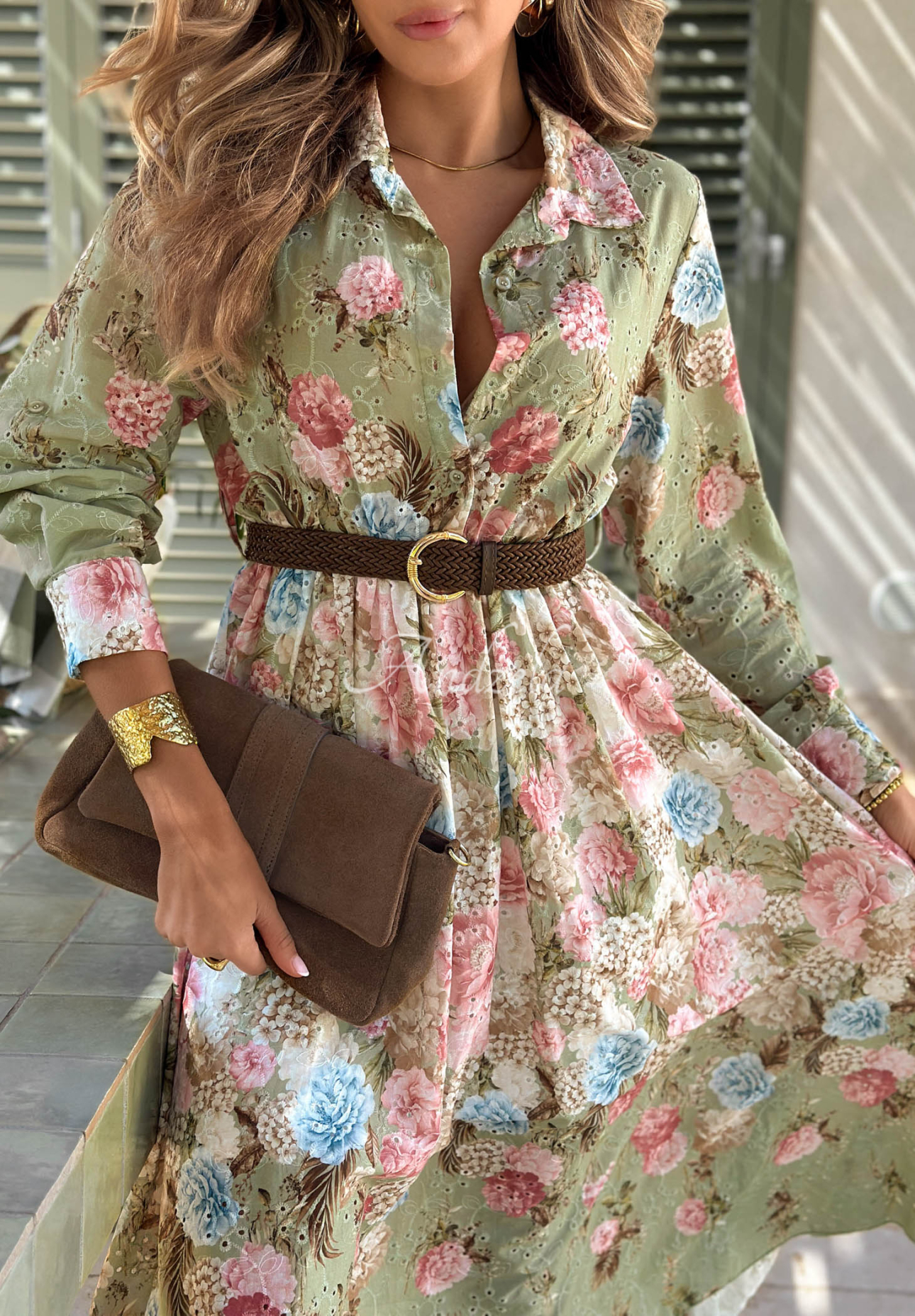Floribella Khaki Floral Openwork Cotton Midi Dress