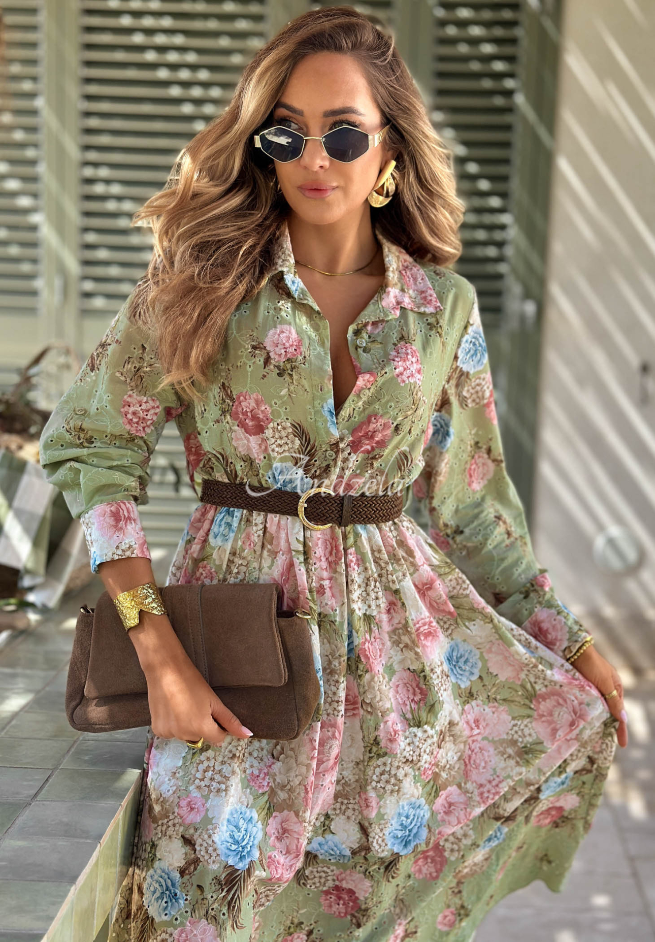 Ażurowa bawełniana sukienka midi w kwiaty Floribella khaki