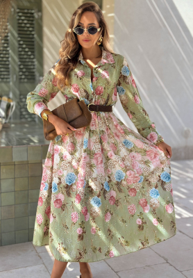 Floribella Khaki Floral Openwork Cotton Midi Dress