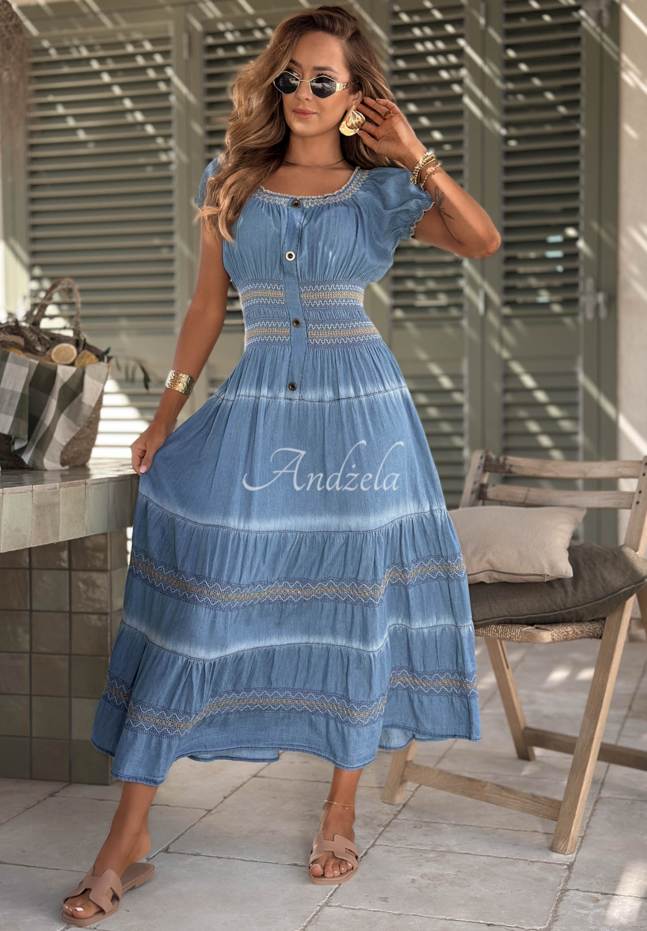 Sunny Breeze Blue Embroidered Cotton Puffed-Sleeve Dress