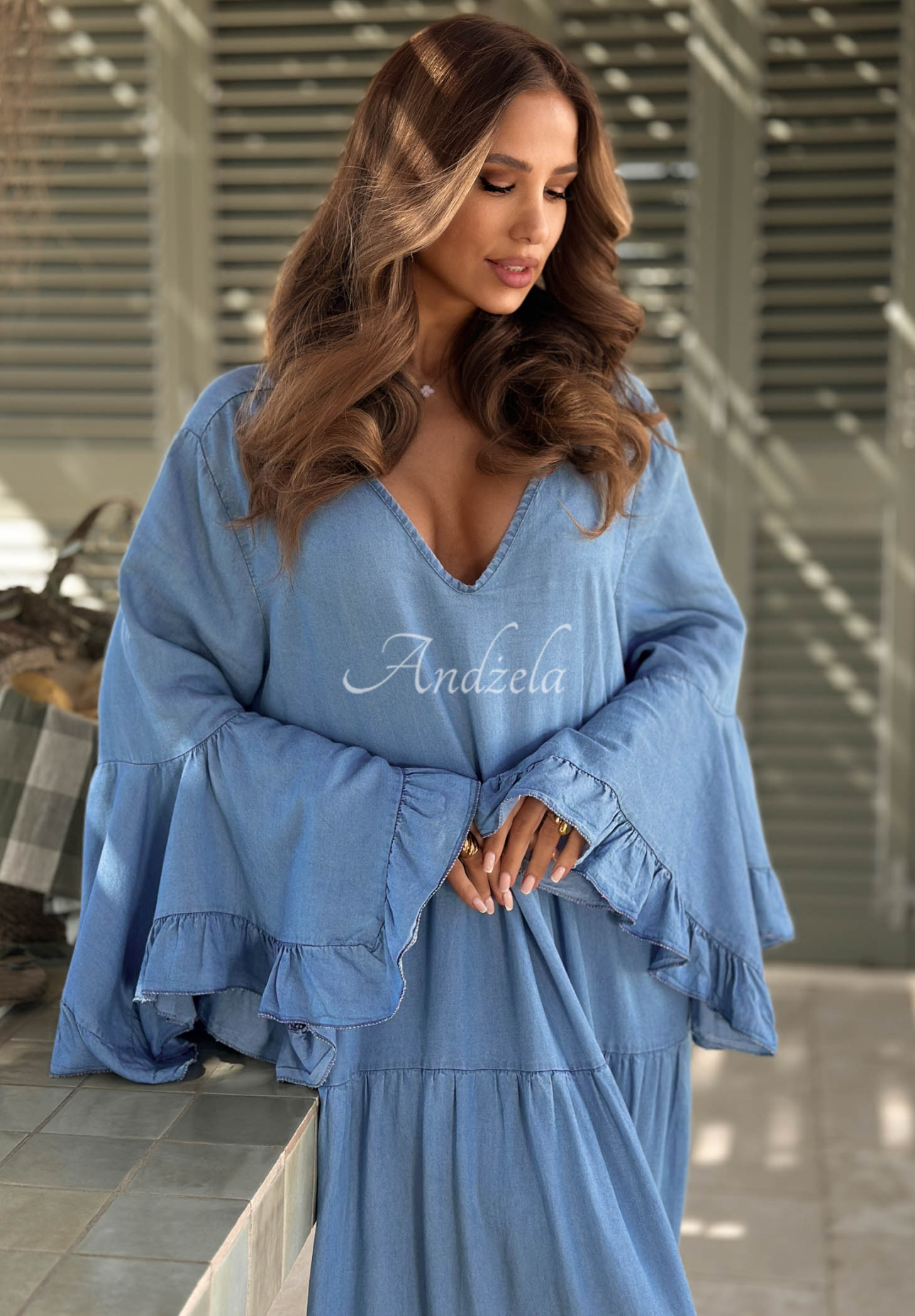 Italian Sky Blue Lyocell Dress with Wide Sleeves and Ruffles