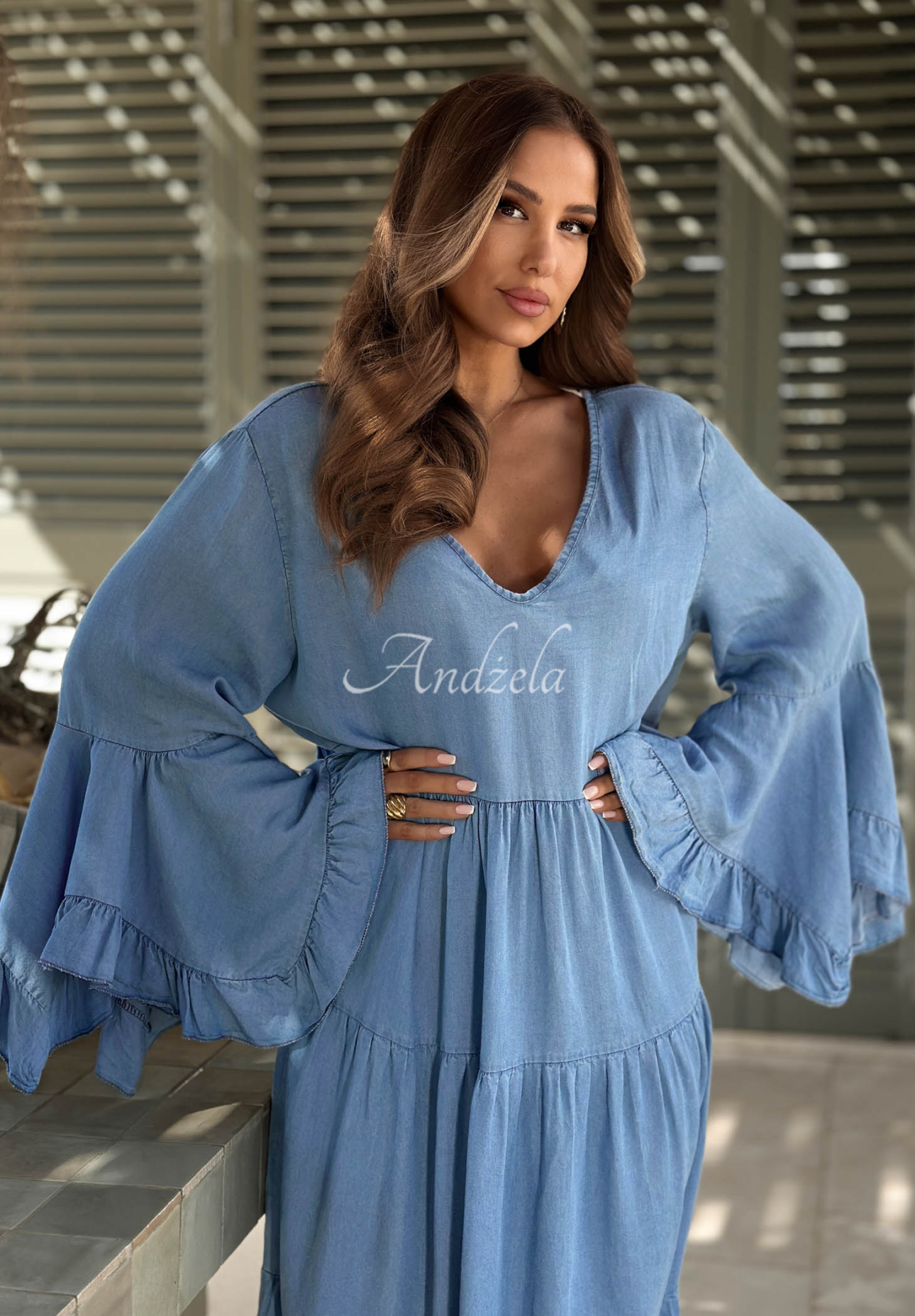 Italian Sky Blue Lyocell Dress with Wide Sleeves and Ruffles