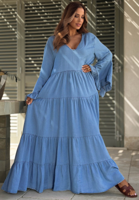 Italian Sky Blue Lyocell Dress with Wide Sleeves and Ruffles