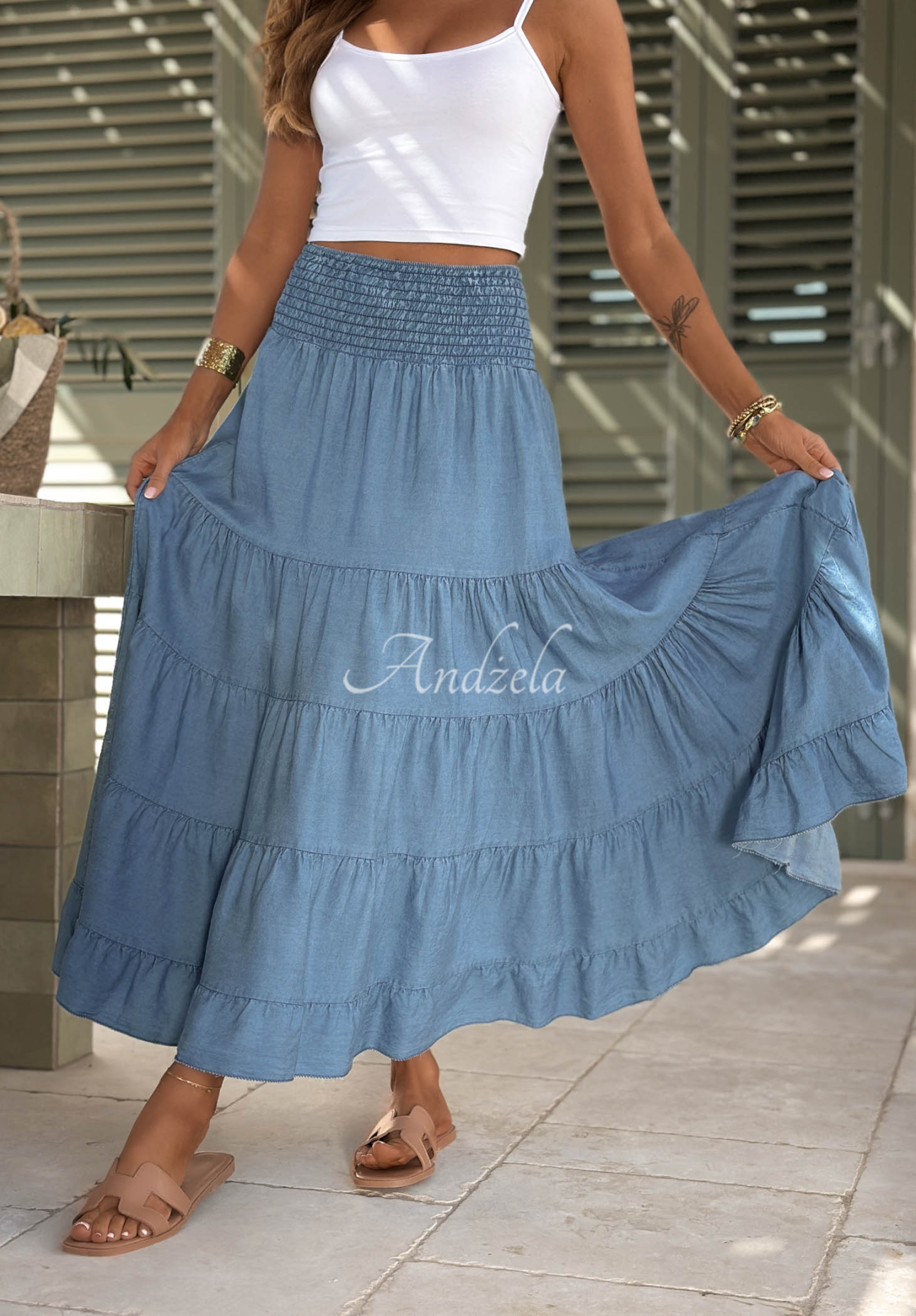 Italian Sky Blue Lyocell Maxi Skirt with Ruffles