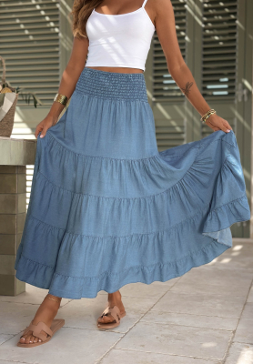 Italian Sky Blue Lyocell Maxi Skirt with Ruffles