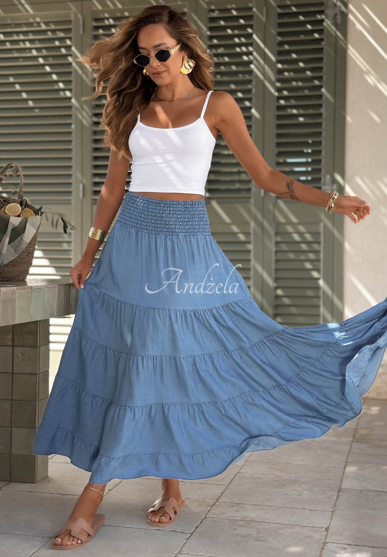 Italian Sky Blue Lyocell Maxi Skirt with Ruffles