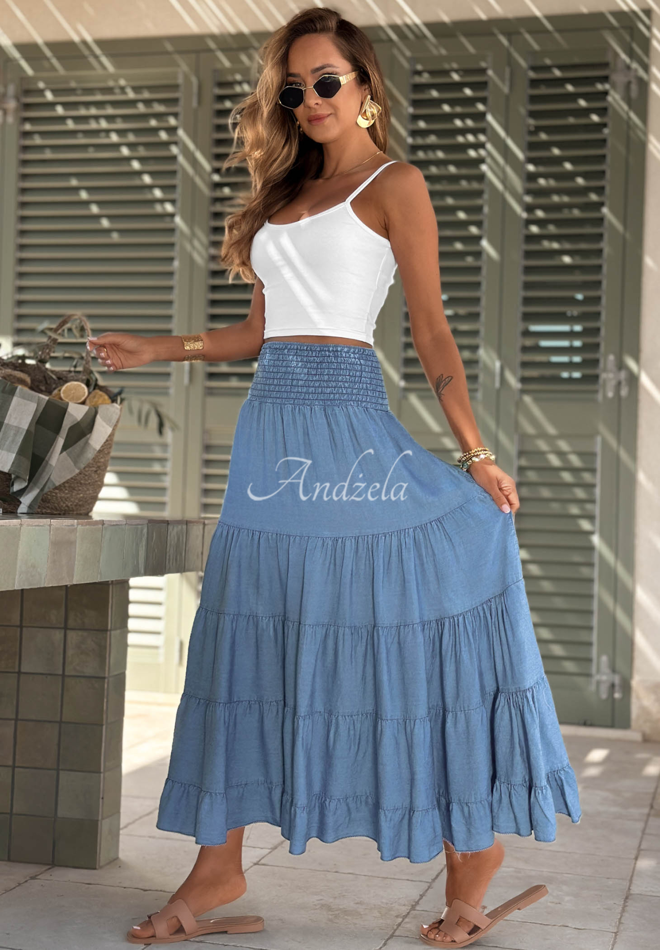 Italian Sky Blue Lyocell Maxi Skirt with Ruffles