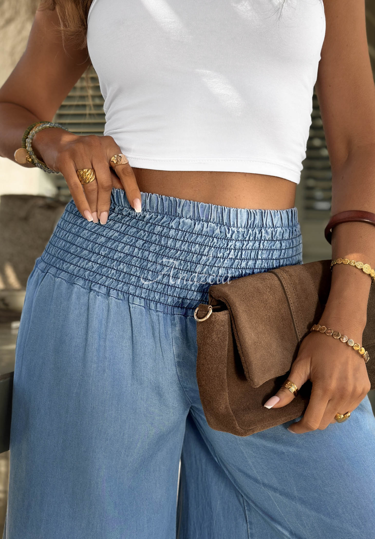 Italian Sky blue lyocell fabric pants with an elastic waistband