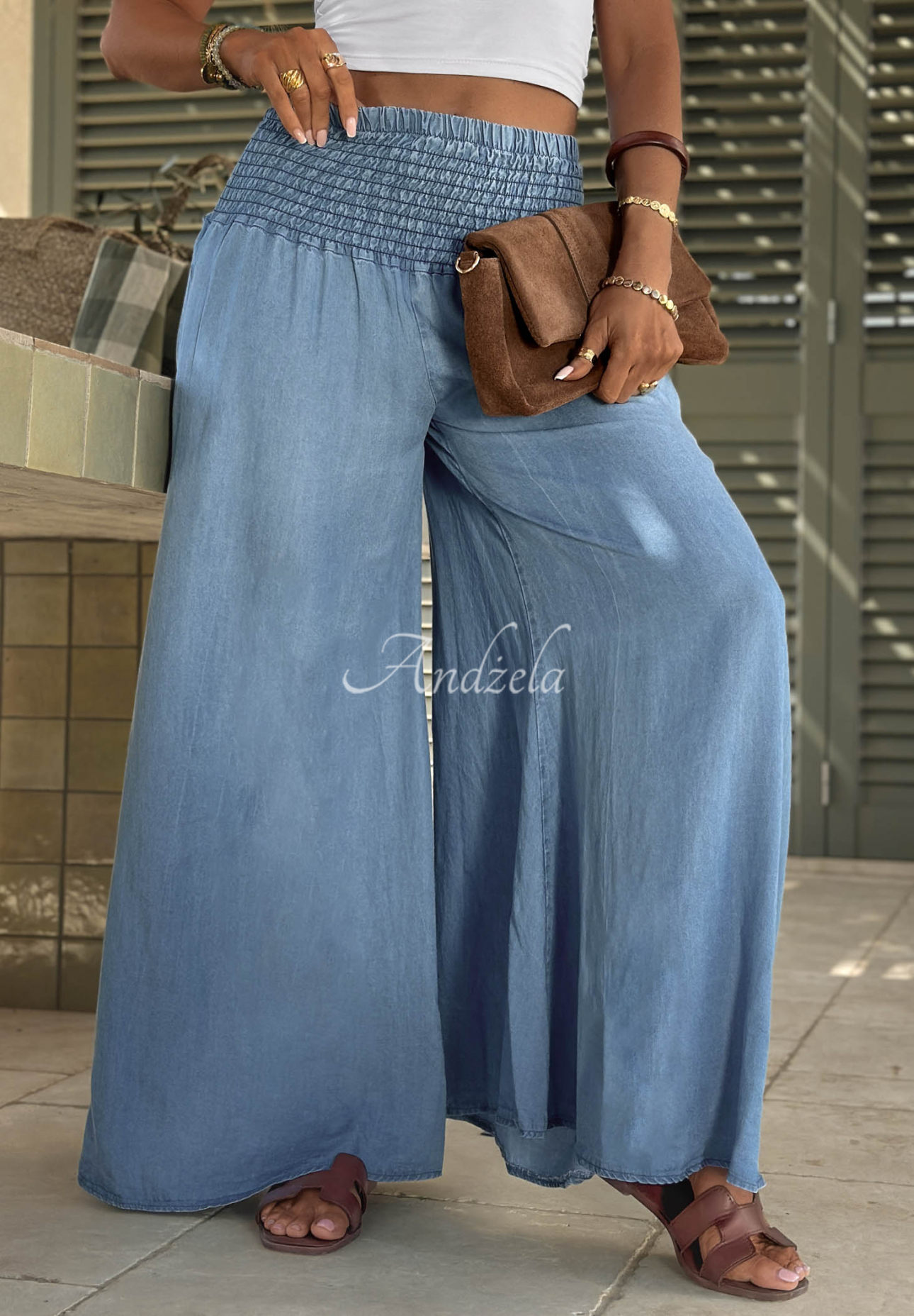 Italian Sky blue lyocell fabric pants with an elastic waistband