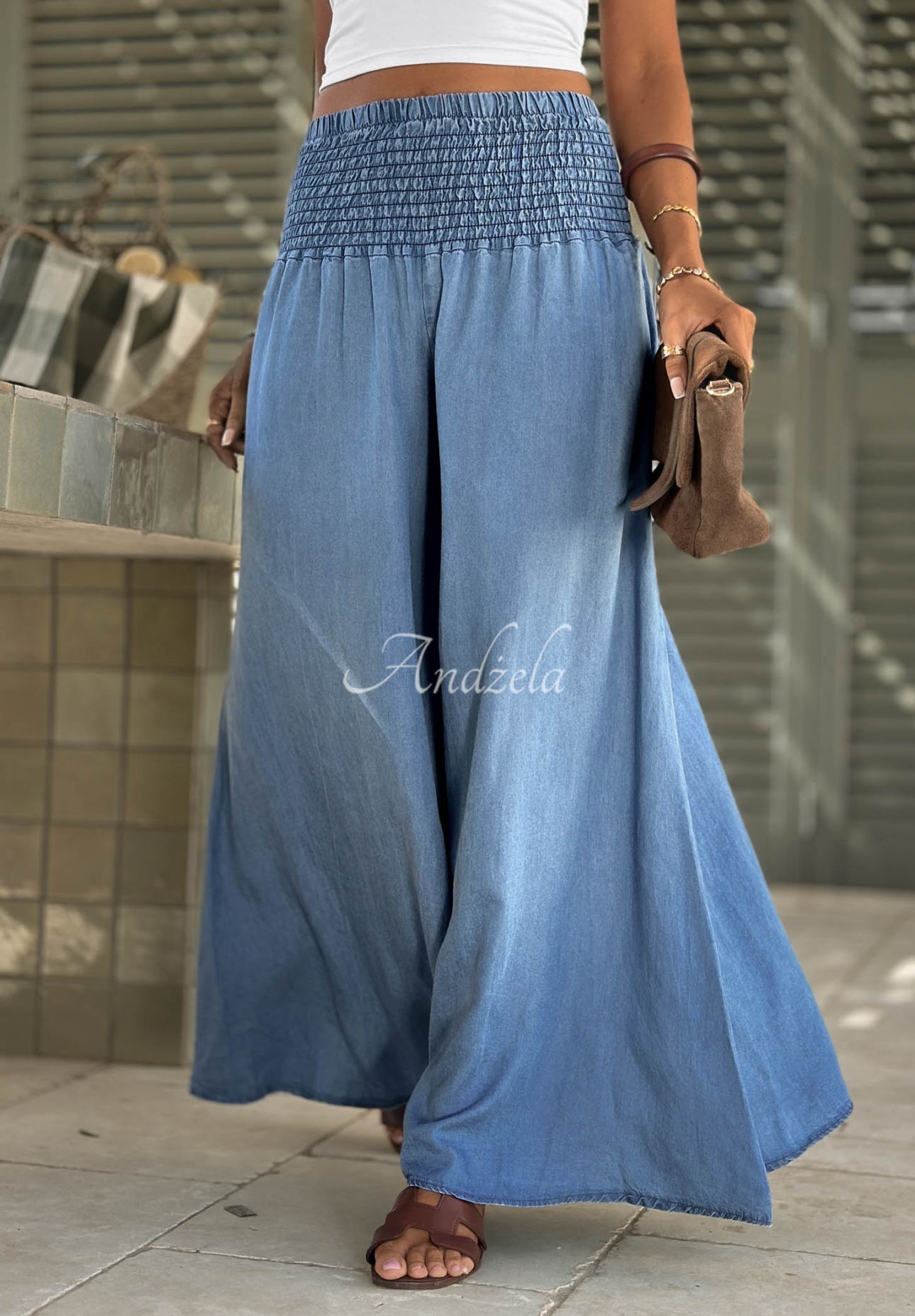 Italian Sky blue lyocell fabric pants with an elastic waistband