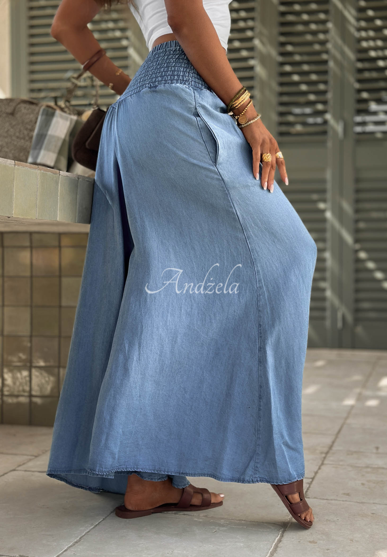 Italian Sky blue lyocell fabric pants with an elastic waistband