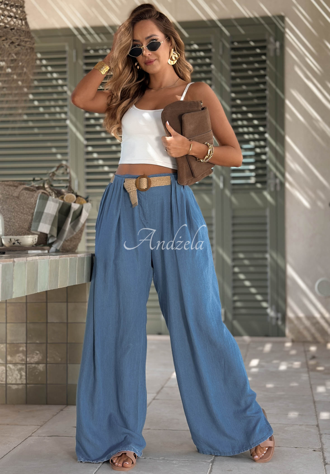 Sun Charm blue wide-leg viscose pants with a belt