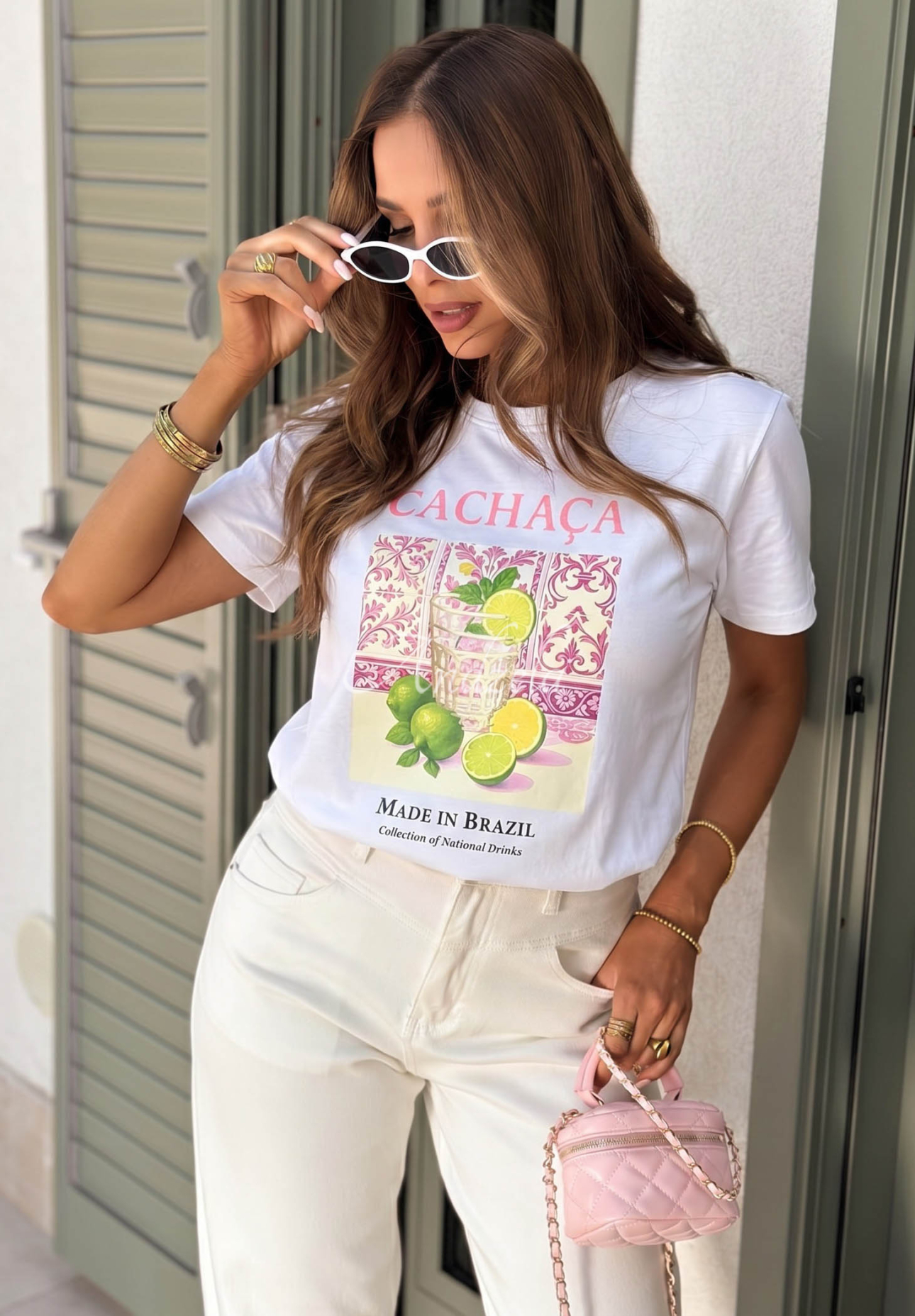 Bawełniany t-shirt z nadrukiem Cachaca Lemon biało-różowy