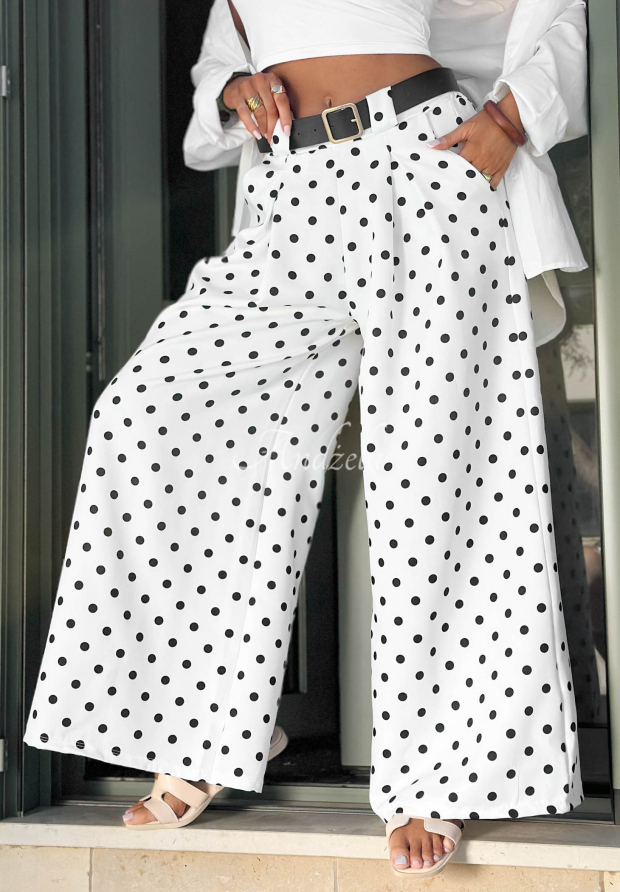 Materiałowe spodnie wide leg w groszki Amore Dots białe