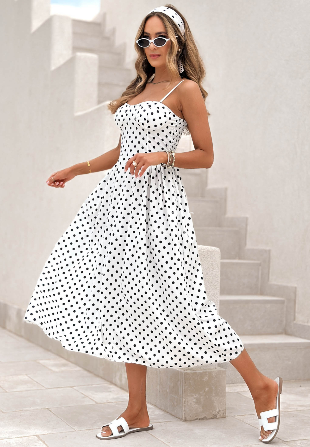 Bella Dots White Polka Dot Midi Dress with Straps