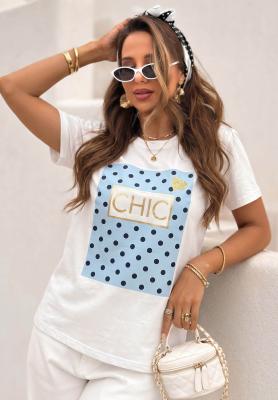 Dotty Chic White and Light Blue Printed T-Shirt