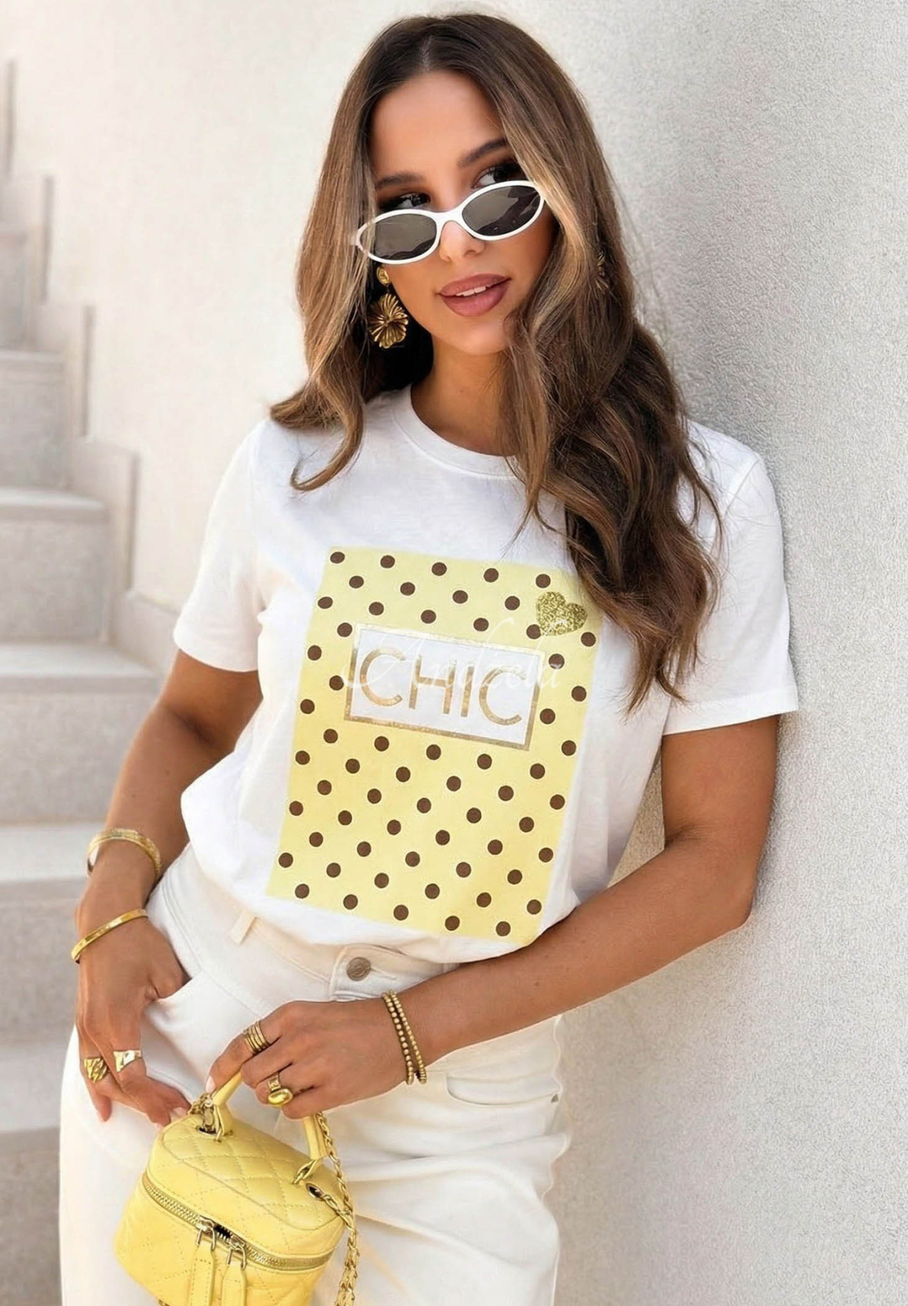 Dotty Chic White and Yellow Printed T-Shirt